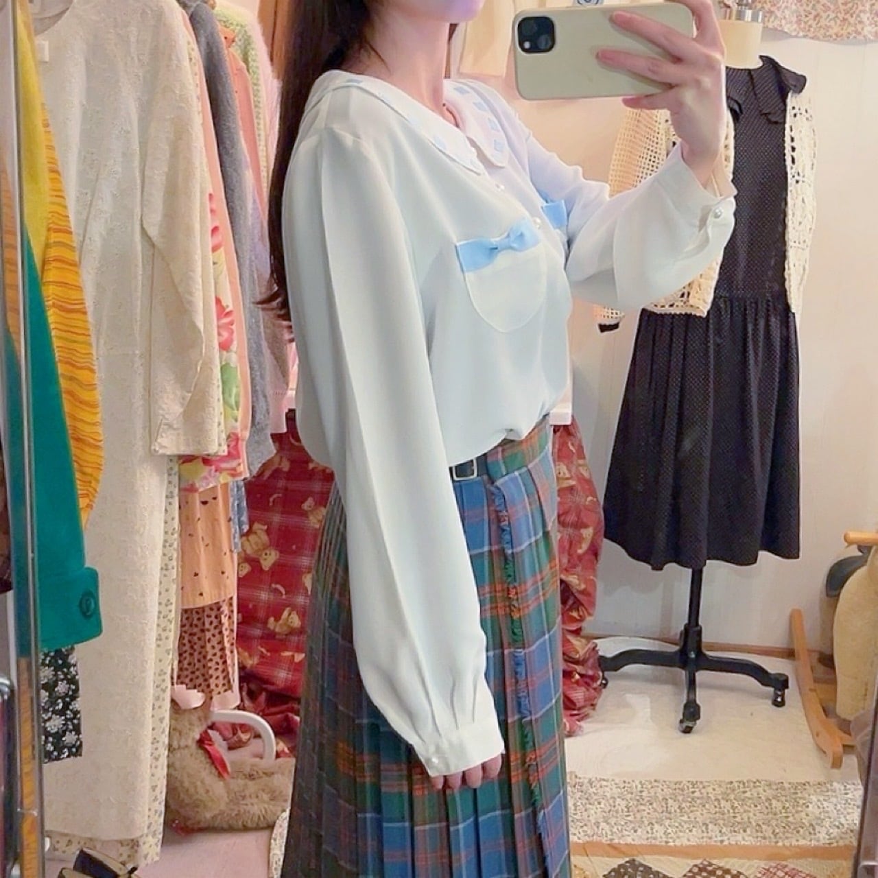 light blue ribbon white blouse