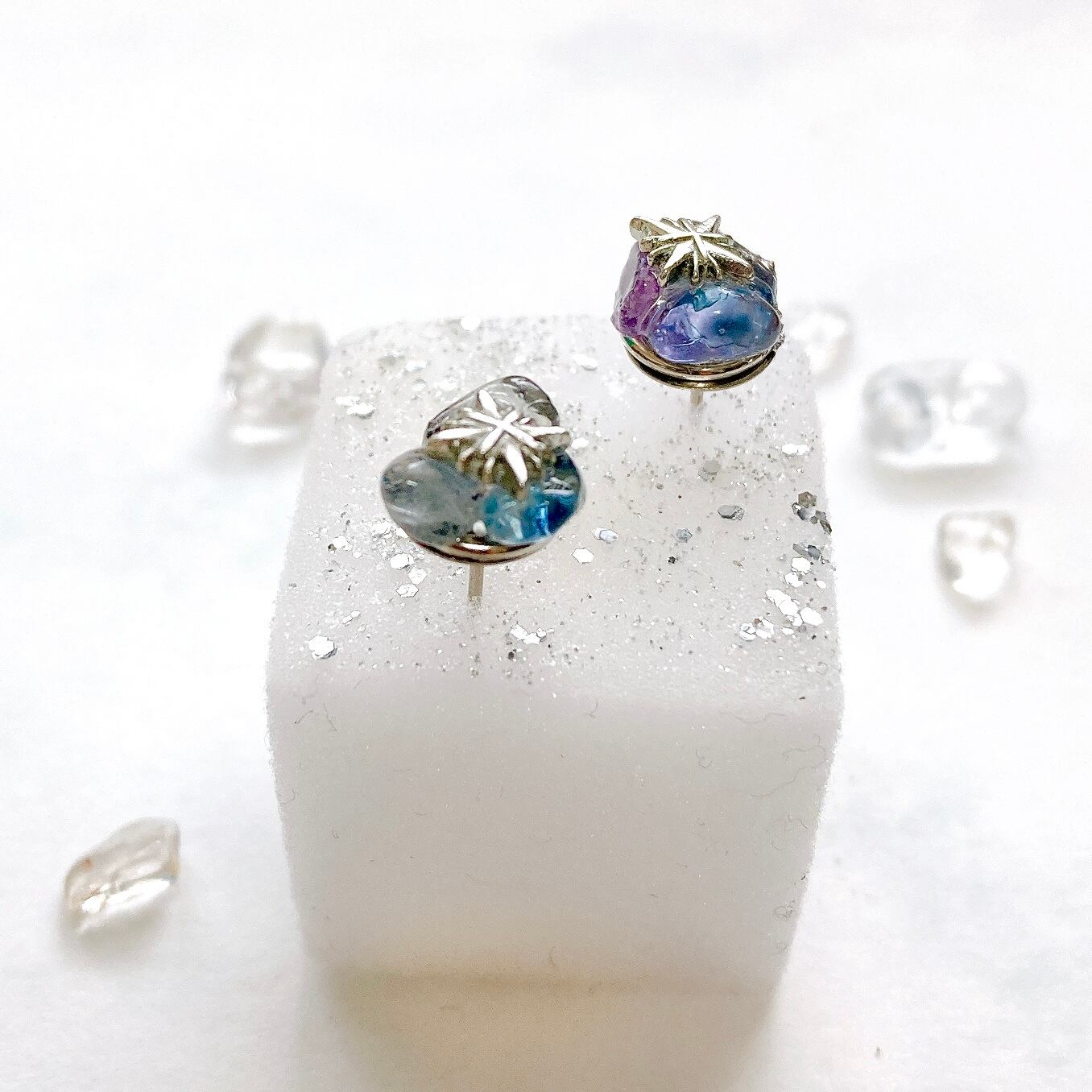 天然石フローライトピアス 深海ピアス 天然石 夏アクセサリー 涼しげ