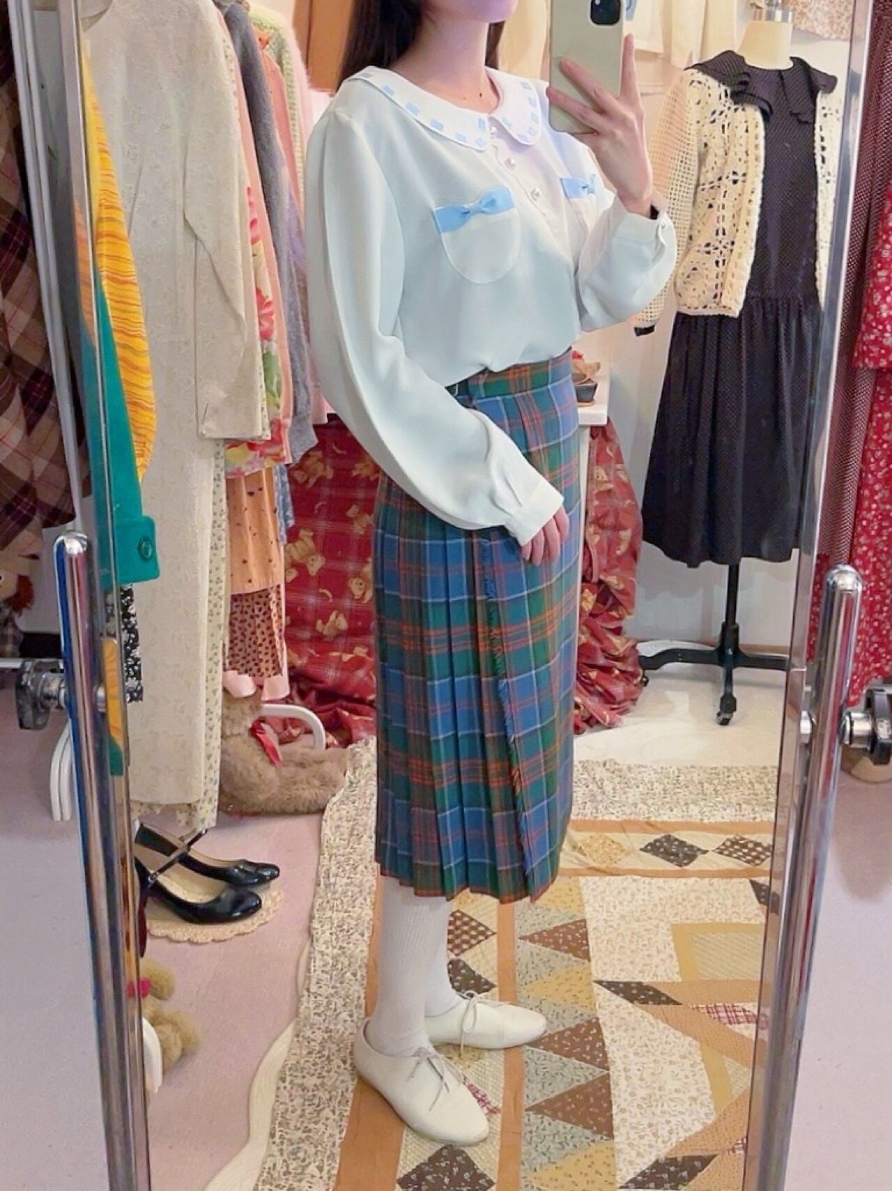 light blue check wrap skirt