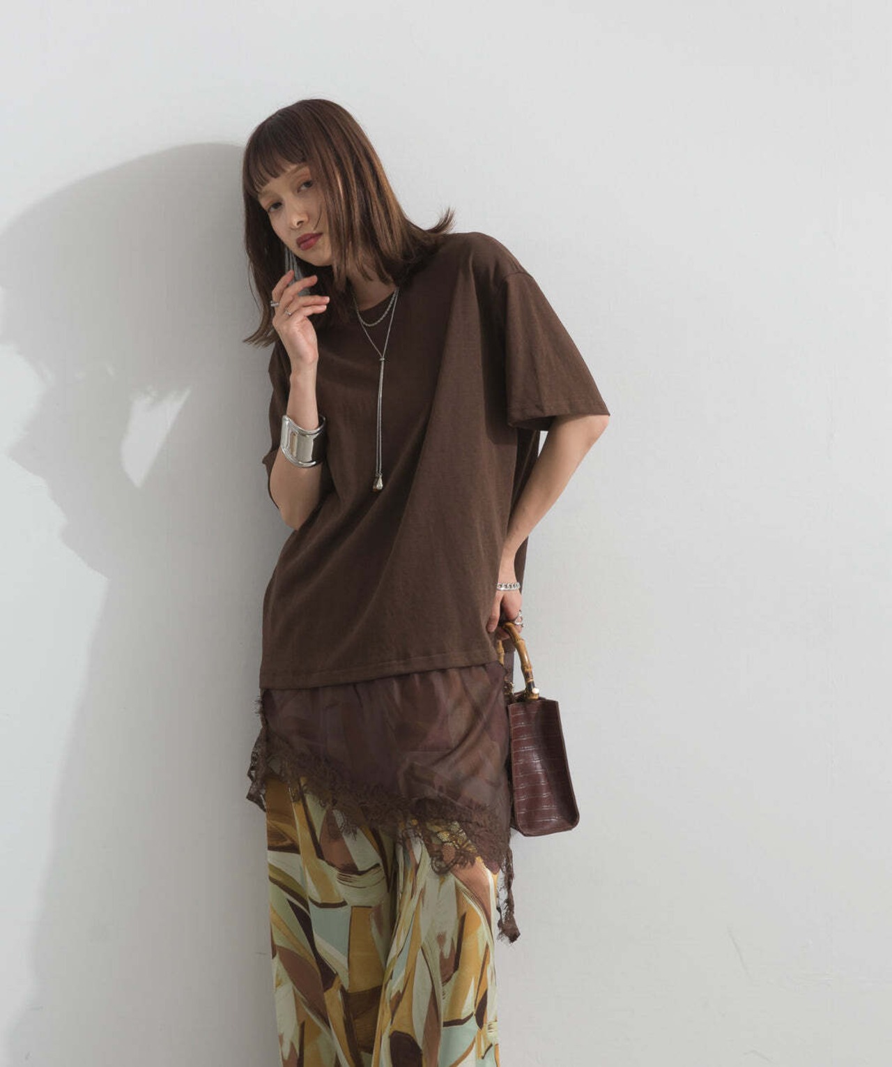 2605142 レースヘムレイヤードカットソー brown