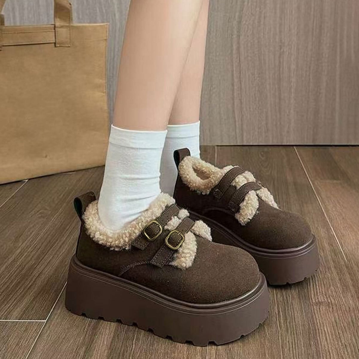 ダブルベルト ボアムートン シューズ レディース 秋冬 厚底 靴 韓国 おしゃれ きれいめ 大人 カジュアル 通勤 通学 防寒 保温 暖かい 軽量 歩きやすい 大人可愛い 大人女子