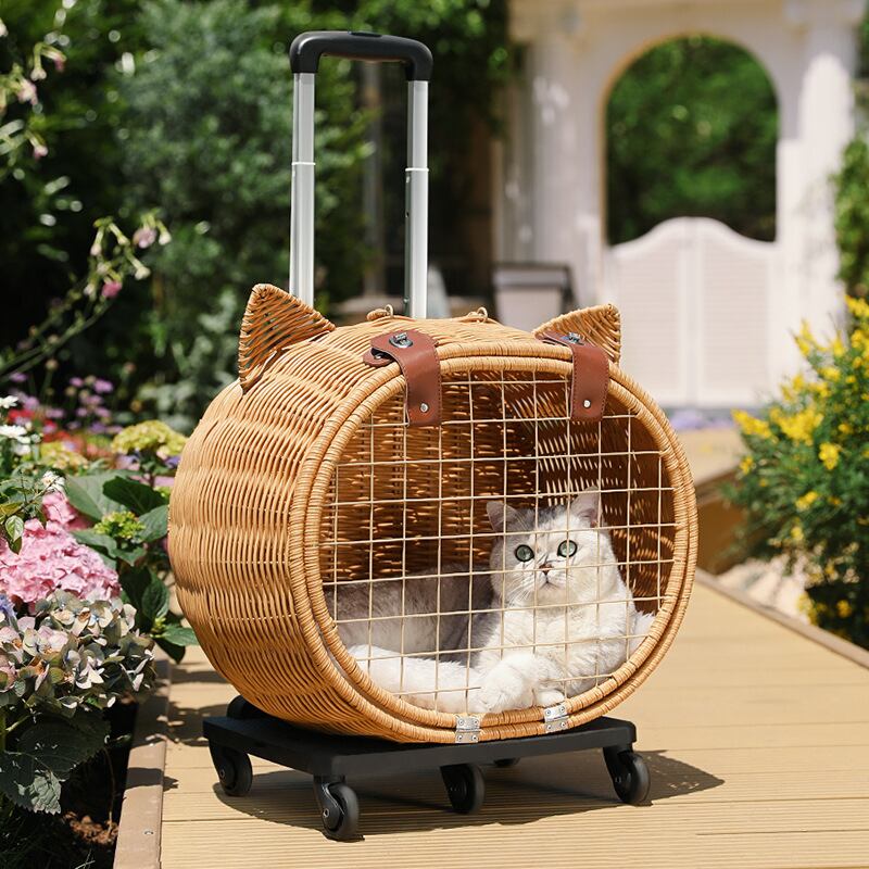 キャスター付き猫バッグ 可愛い！ポータブルキャスター付きキャリーバッグ（猫型ラタン