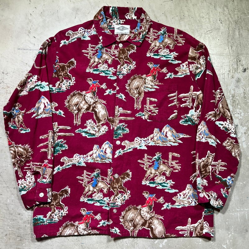 80's 90's SHADOWBOXER シャドーボクサー カウボーイ柄 プリントフランネルシャツ パジャマシャツ レアカラー! NICK&NORAニックアンドノラ NIRVANA カートコバーン グランジ L相当 USA製 希少 ヴィンテージ BA-2034 RM2453H