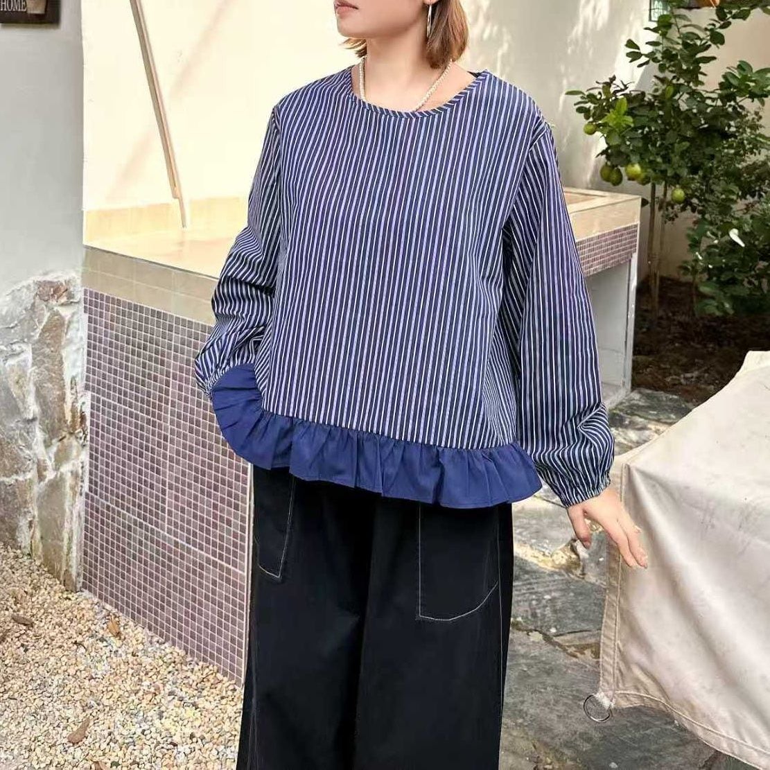 STRIPED RUFFLE HEM LONG SLEEVE ROUND NECK SHIRT M-18551