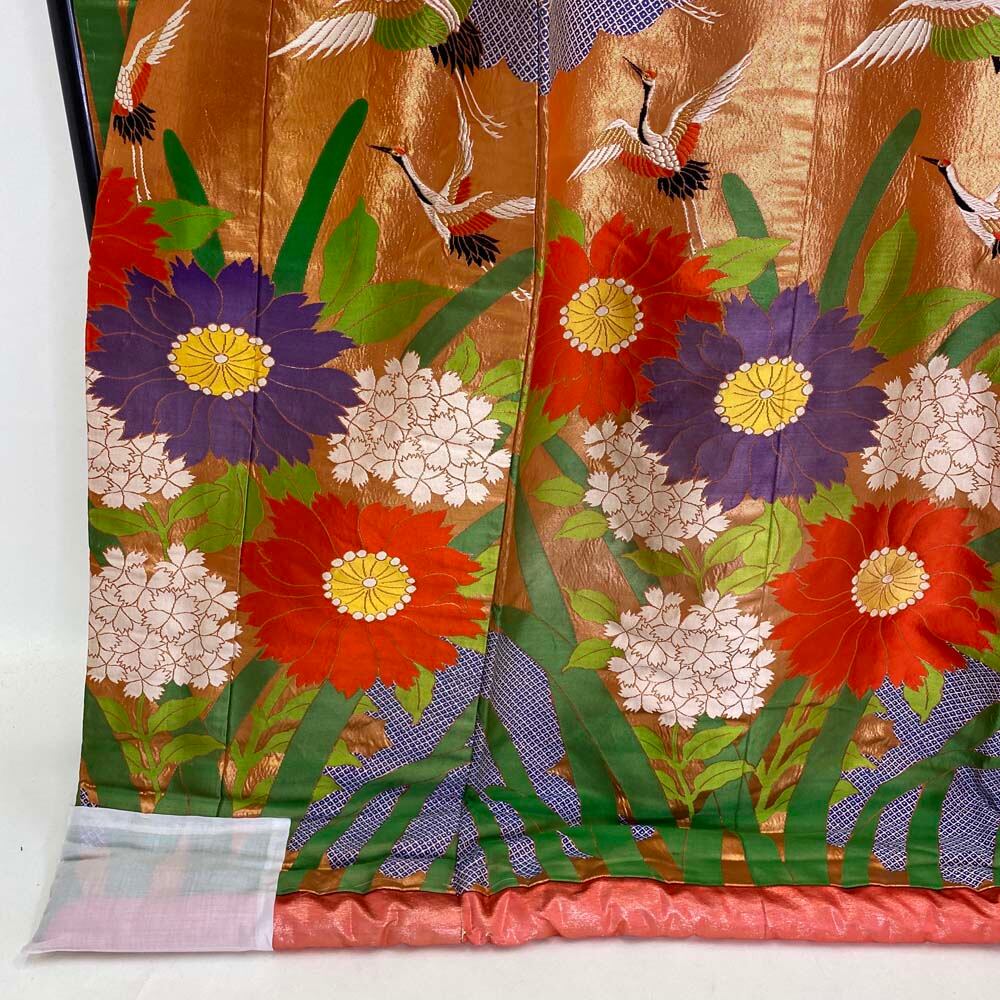 色打掛 正絹 鶴 絞り柄 刺繍 緑 金 打掛 花嫁衣裳 婚礼 リサイクル 