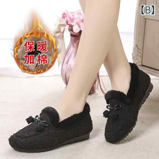 モカシン 可愛い リボン もこもこ スリッポン ローファー ボア ファー 韓国系 あたたかい 裏起毛 キュート 黒 ブラック 茶色 ブラウン ぺたんこ シューズ レディース 秋 冬 ベルベット 楽ちん 痛くない 軽い フェイクファー パンプス 通学 学生