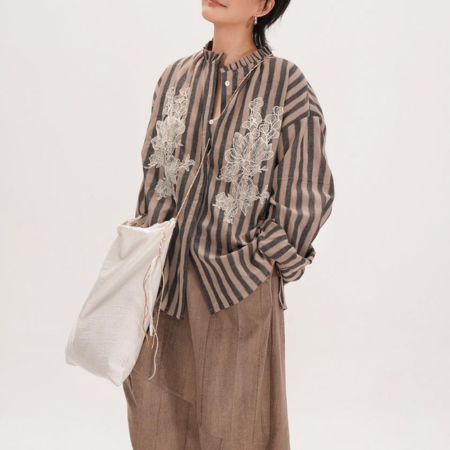 floral lace stripe stand collar shirt