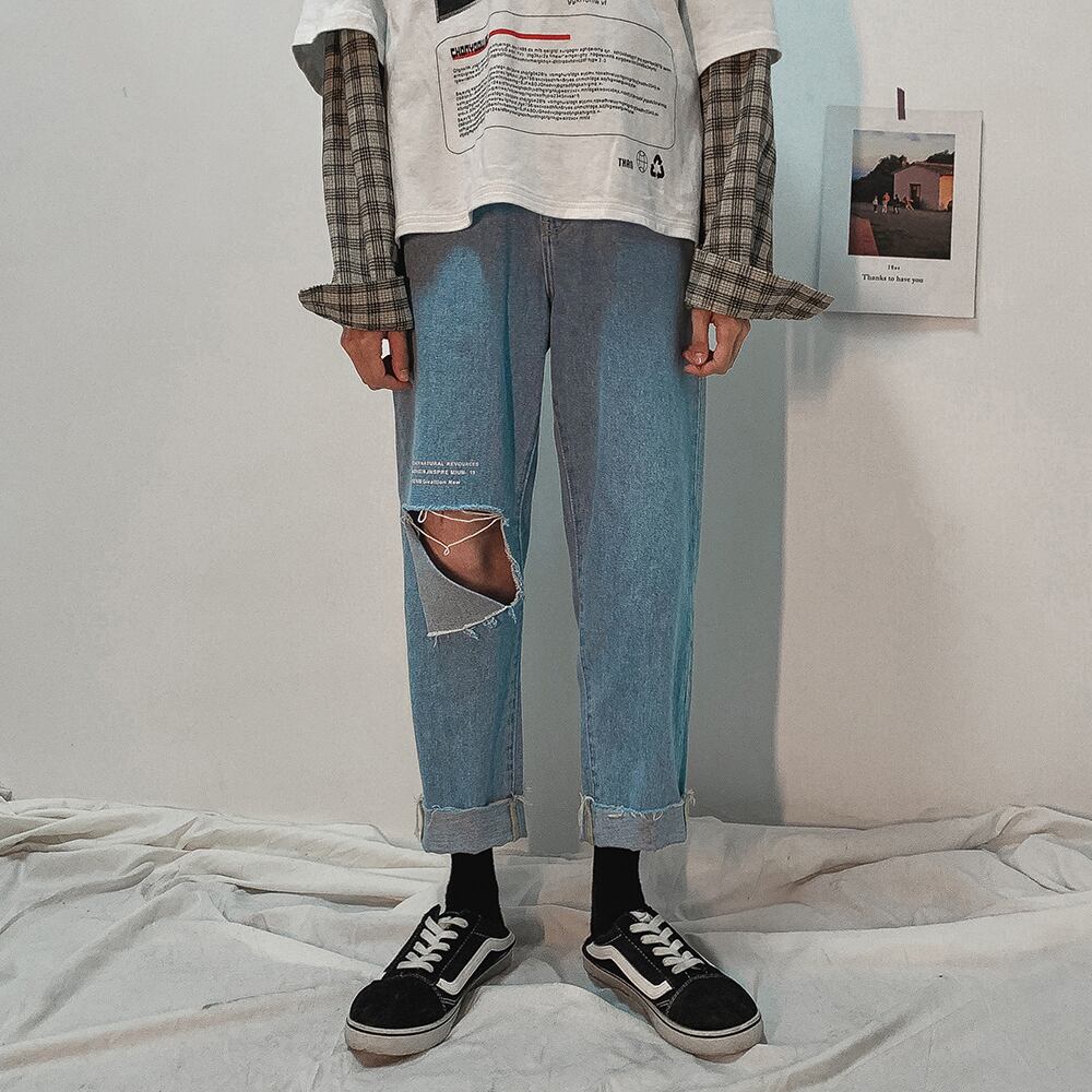 全1色 デニム パンツ ストレート カジュアル ダメージ