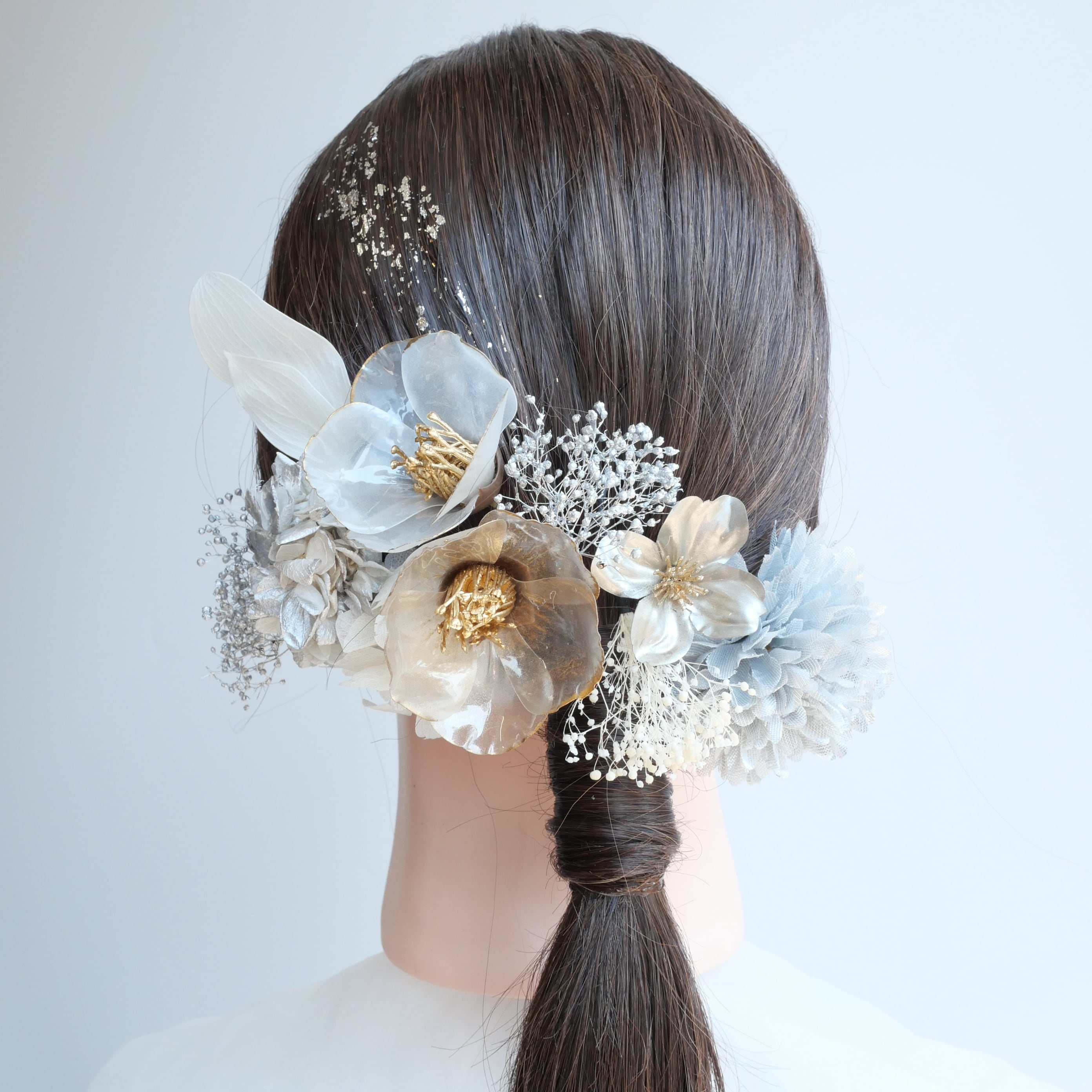 A153 シルバー クリア椿 ドライフラワー 髪飾り 成人式 卒業式 振袖 結婚式 袴