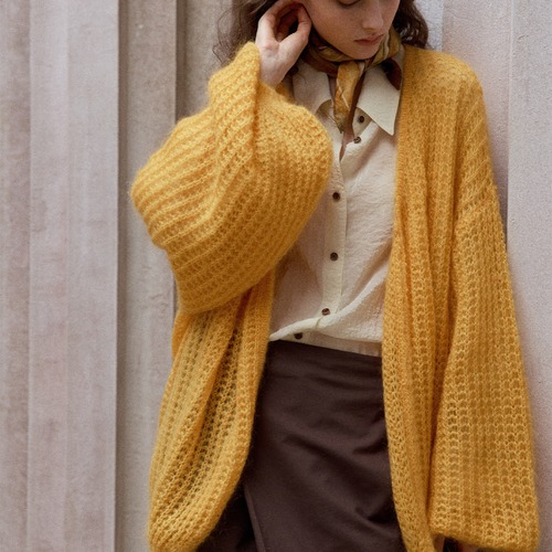 Balloon Sleeve V-Neck Oversized Knit Cardigan  T6152