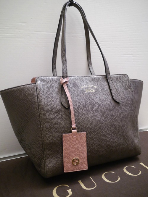 レア◆GUCCI グッチ SWING スウィング A4対応 レザー トート ハンド バッグ 灰茶x桃◆ 綺麗な配色が印象的な大人気スウィングの 定番モデル