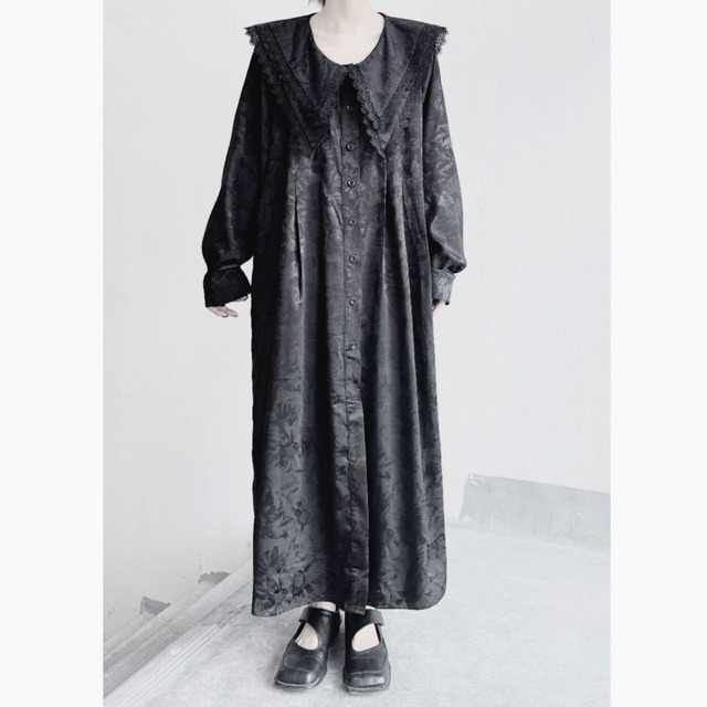 Black lace collar long shirt dress C0879