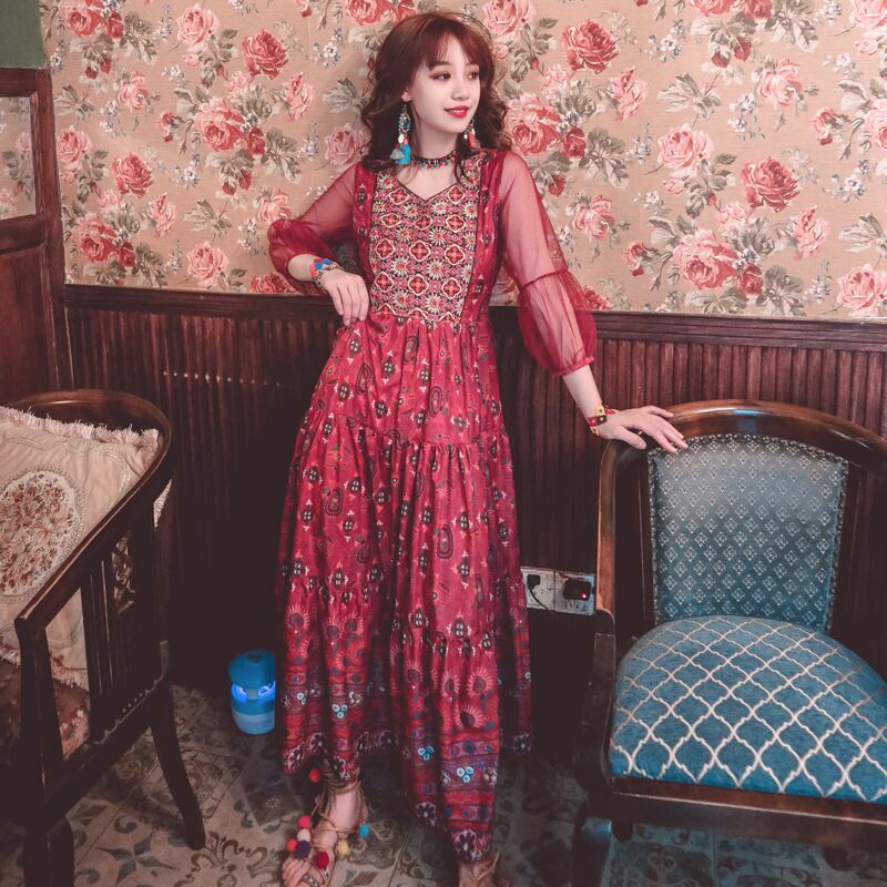 スタンダードスカート メッシュプリントエスニック刺繍ドレス レトロ ステッチ 延命家ファッション9762076