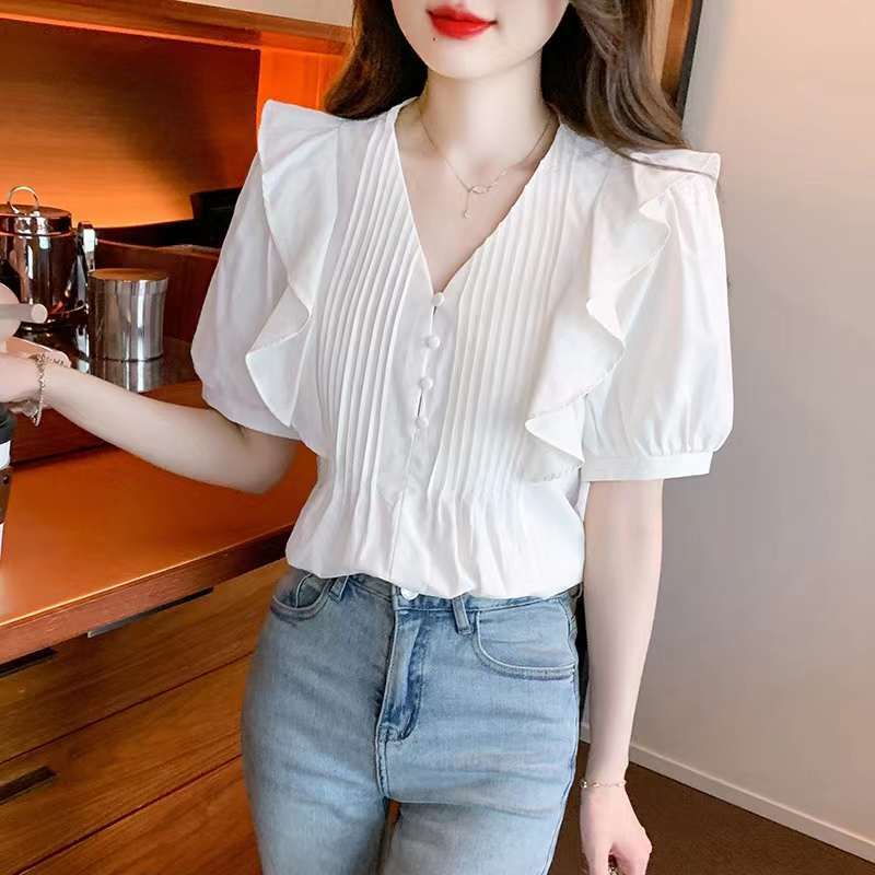 プリーツVネックブラウス　YY-003