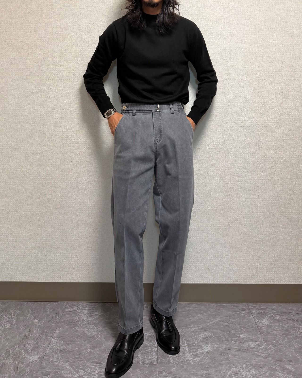 【腰高設計】ハイウエストストレッチテーパードパンツ