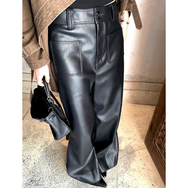 3DポケットワイドフレアPUレザーパンツ［S-L］