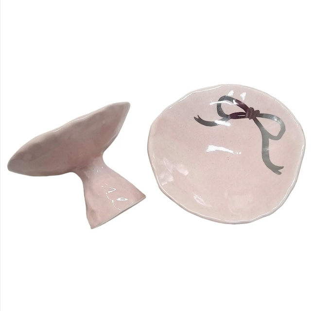 silver ribbon tray / シルバー リボン トレー ピンク アクセサリーホルダー セラミック 韓国インテリア雑貨