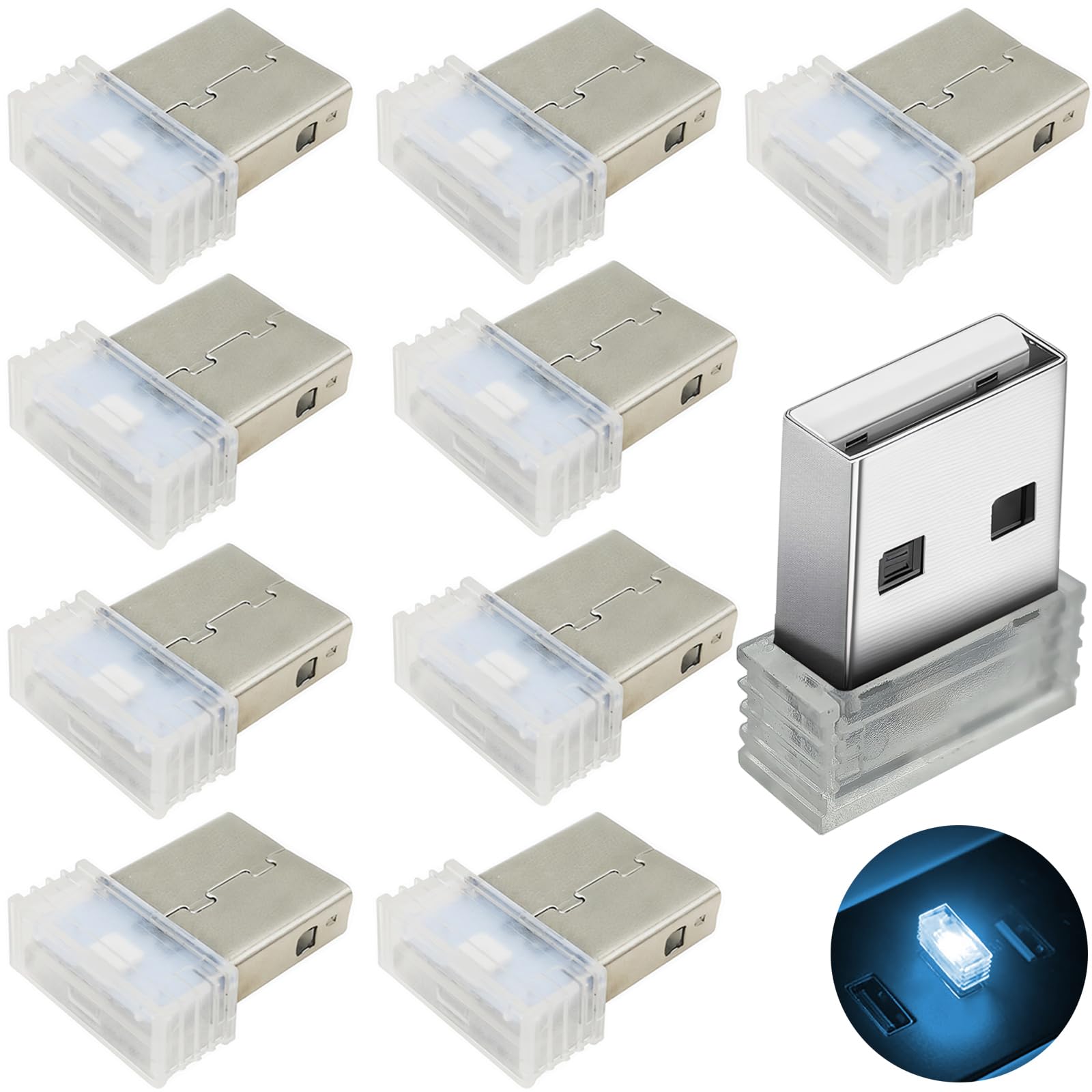 車 USB ライト, CTRICALVER 10個 USB雰囲気ライト,USB LEDライト 車内, プラグイン5V USB ミニLEDライト, USBポートを備えたほとんどのデバイス用 (アイスブルー)