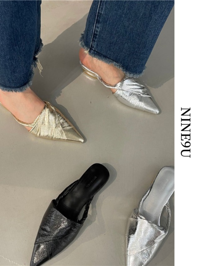 pointed-toe metallic low-heel mule 3color【NINE7828】