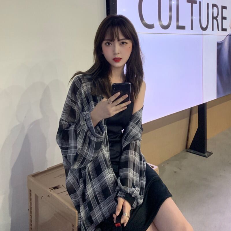 レディースサマーブラックドレス 格子柄シャツ ロング 夏物 1号婦人27661465332