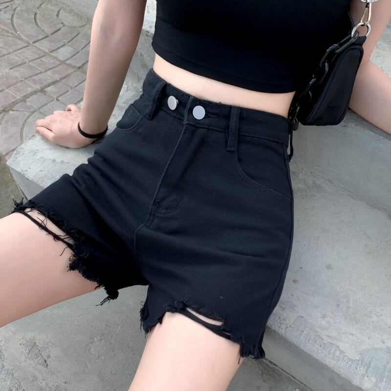 ジーンズ ウェスト薄手ブラックショーツ サマースリムワイドレッグパンツ 夏物 ブルマー ワイドパンツ ブラックストロベリース37618323971