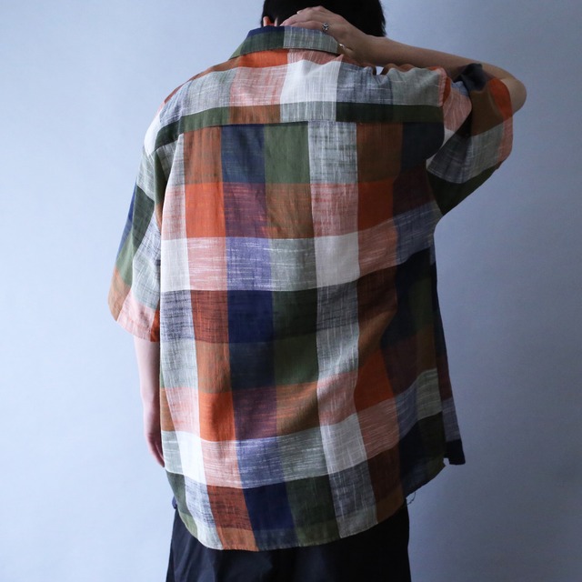 good coloring check pattern open collar h/s shirt