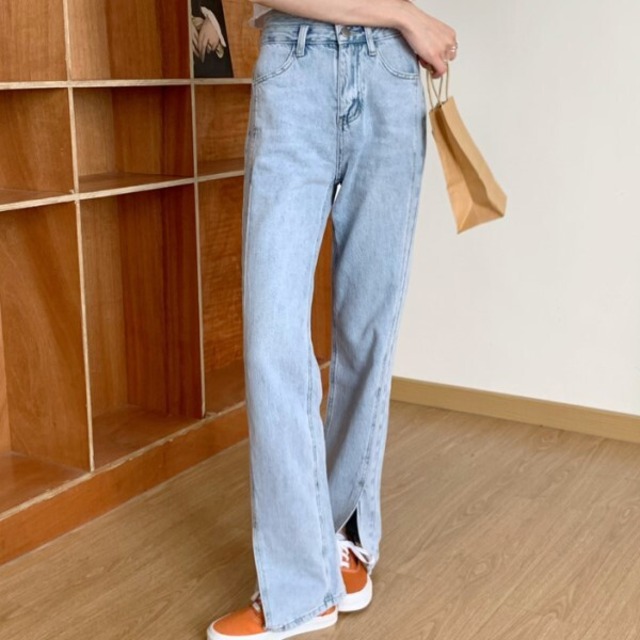 ライトブルー スリット ジーンズ ストレート ワイドパンツ ハイウエスト