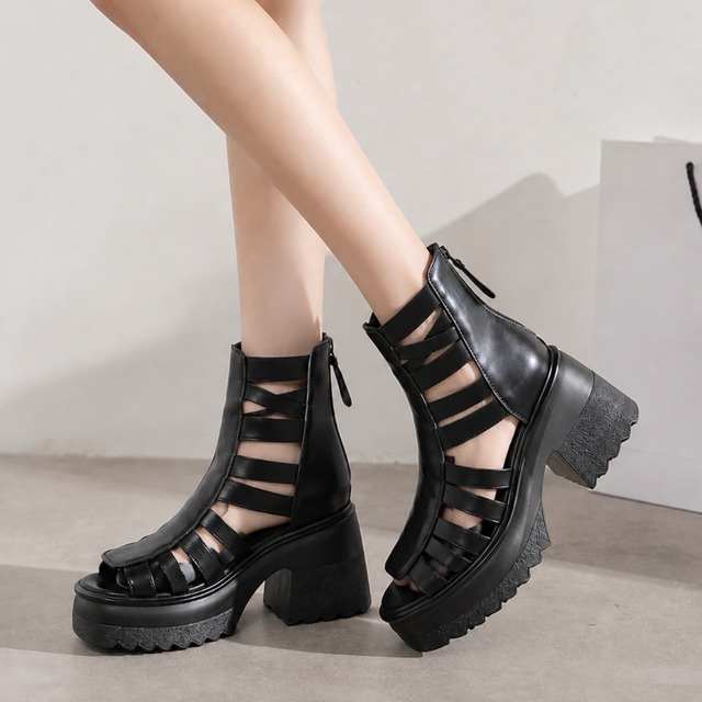 leather mid-heel ankle strap sandals m0040