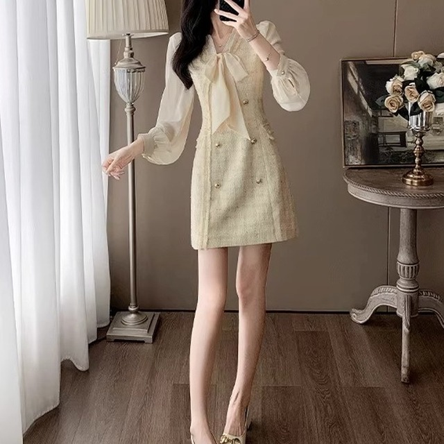 Bow Tie Double-Breasted Mini Dress　　V2198