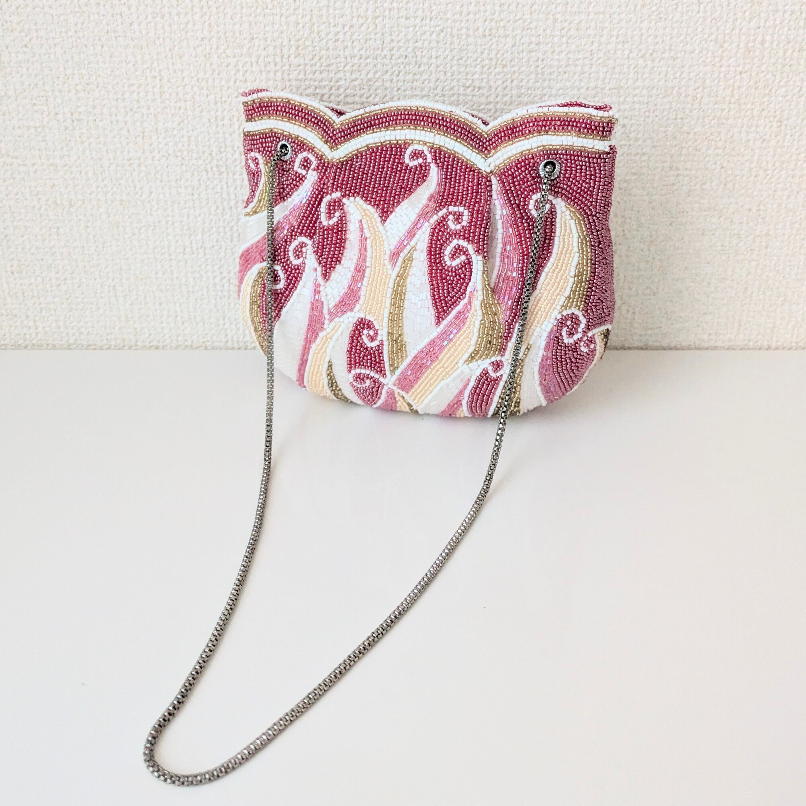 Vintage】ビーズ刺繍バッグ ピンク チューリップ型 パーティーバッグ