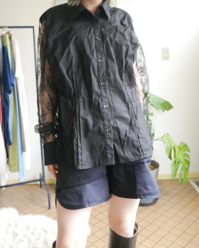 90s-I・N・C Lace Sleeve Shirt / Black