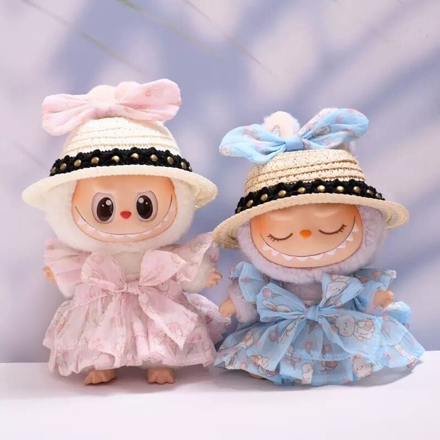 Labubu ラブブ17cm用 春のお姫様ワンピースセット ふんわりチュール×ピンクうさぎリボン 麦わら帽子＆白シューズ込み 17cm用 軽やか