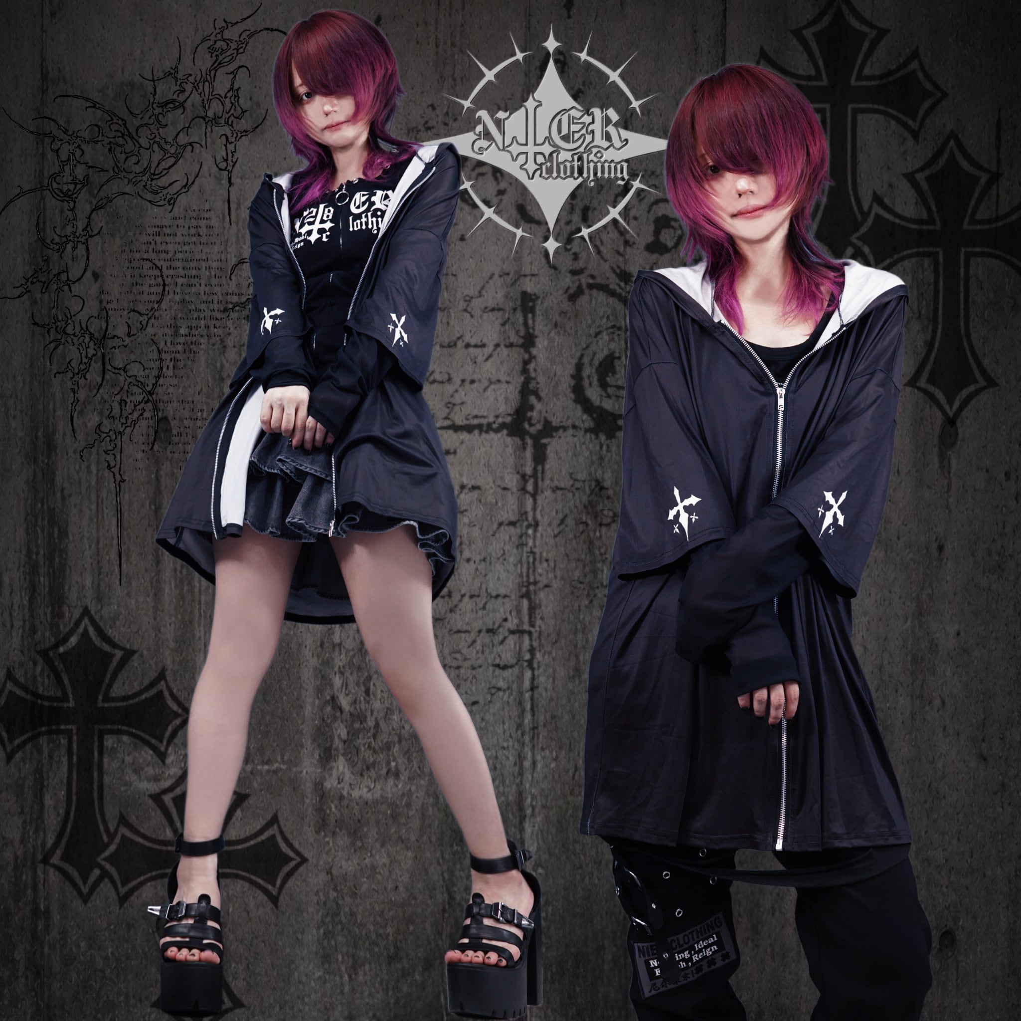 MESH SLEEVE FAKE LAYERED ZIP OUTER【CROSS】 | NIER CLOTHING
