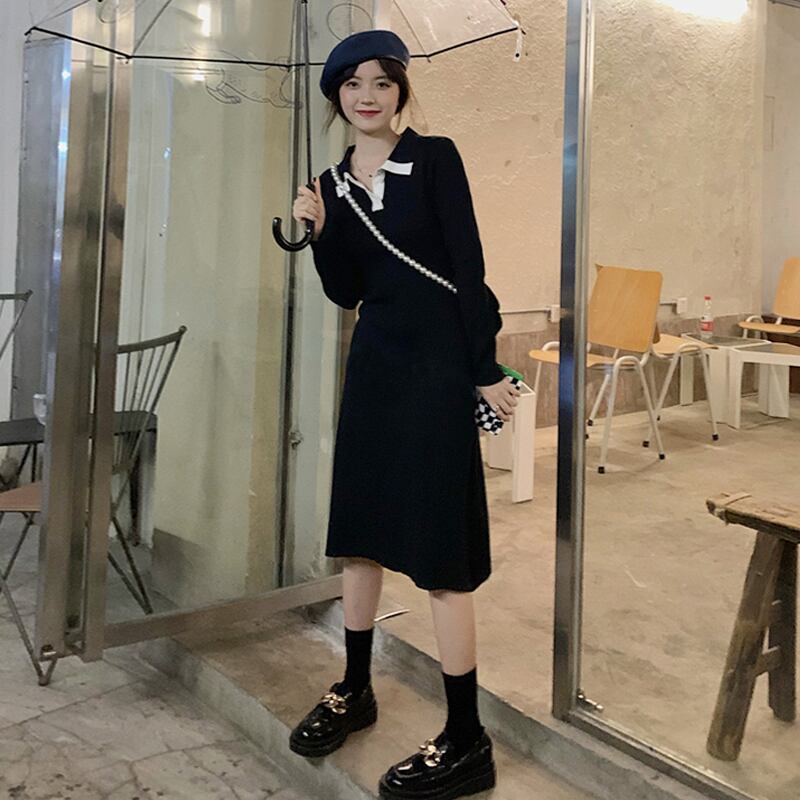 ブラックニットドレス オータムウィンタースリムフィットコート スカート 秋物 冬物 スーパーモール12556106043