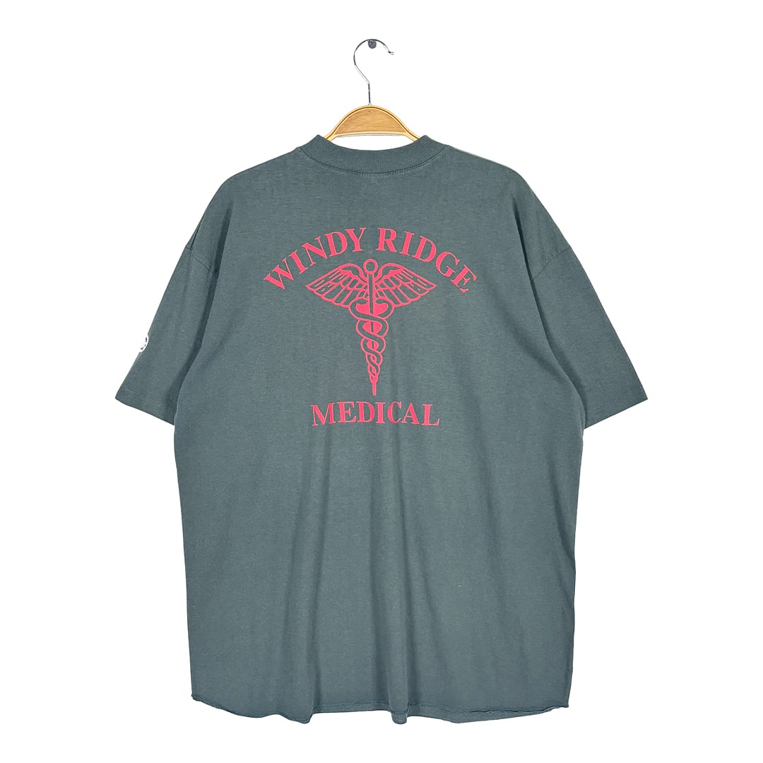 80s ミリタリー 医療チーム ヘンリーネック カナダ製 ヴィンテージ Tシャツ ダークグリーン シングルステッチ WINDY RIDGE MEDICAL サイズXL BZ0660