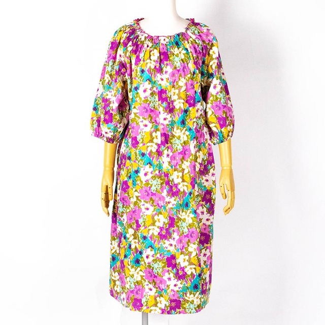 【セール】ワンピース　TUNIC　ワンピースコレクション　ローンパープル中花　７分袖半開ワンピース　フリーサイズ　SSS-43672-A　￥２０,９００➡￥１４,６３０