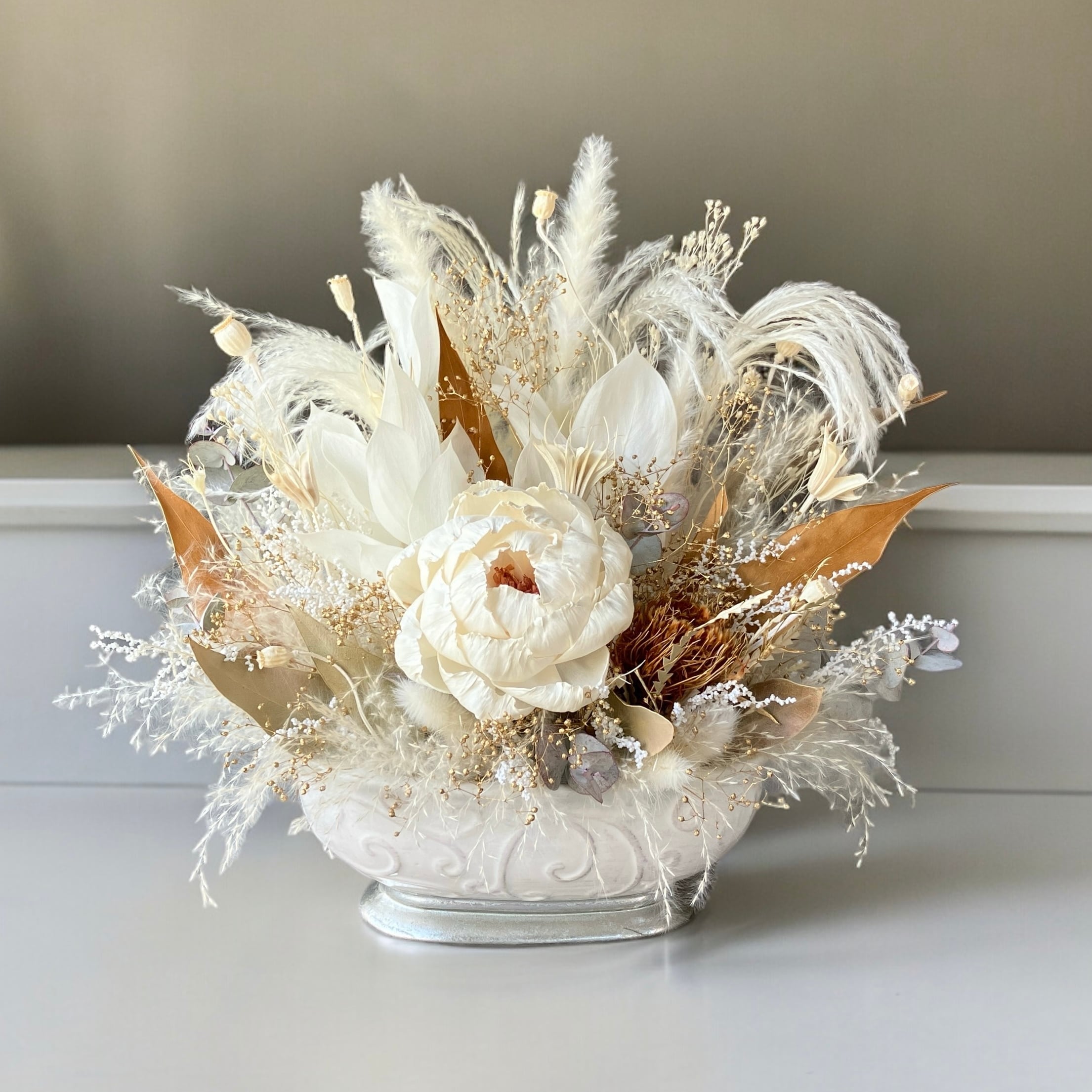 エレガントな陶器のドライフラワーアレンジメント / 開店祝い 結婚祝い