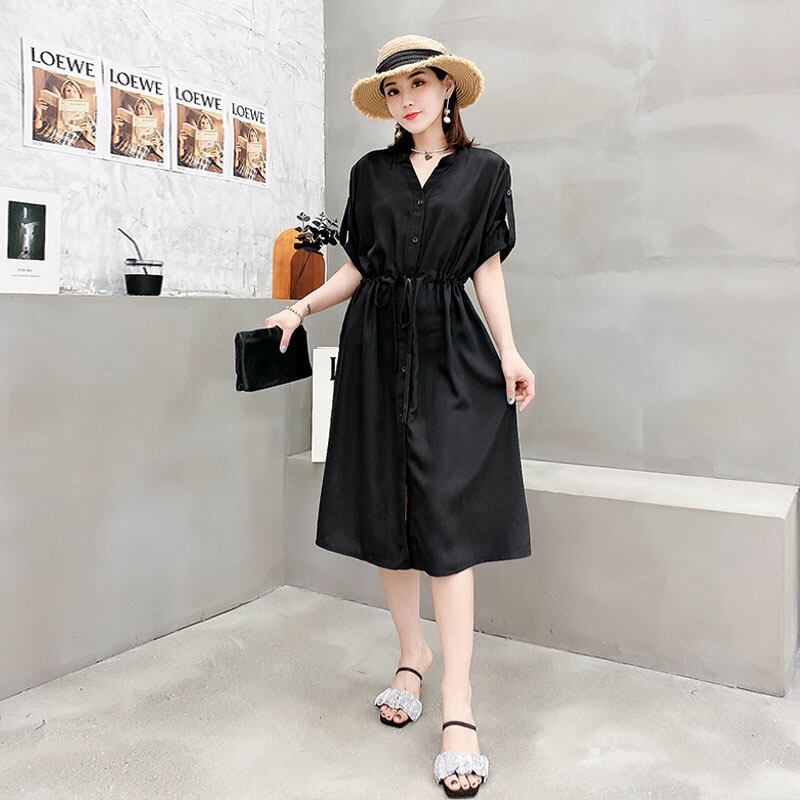 サマースタイルVネックギャザーウェスト薄手ドレス 大きめサイズ 夏物 ヨーロピアン ミックスインファッション57164385785