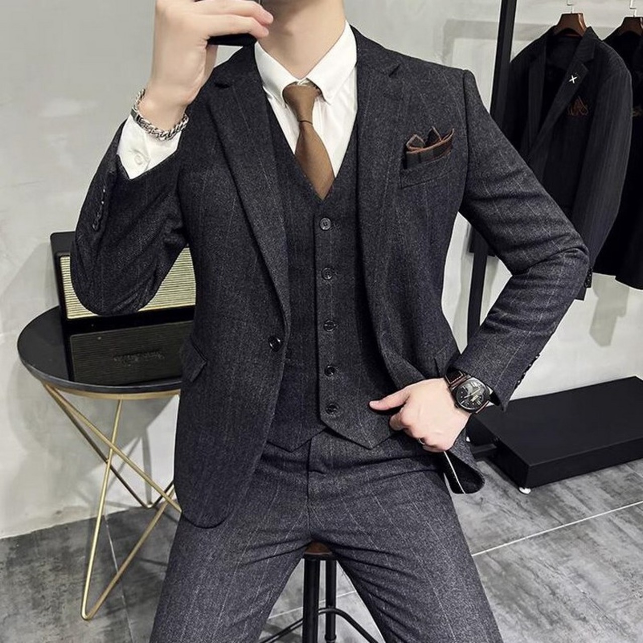 formal dress slim plaid suit 3piece 00236