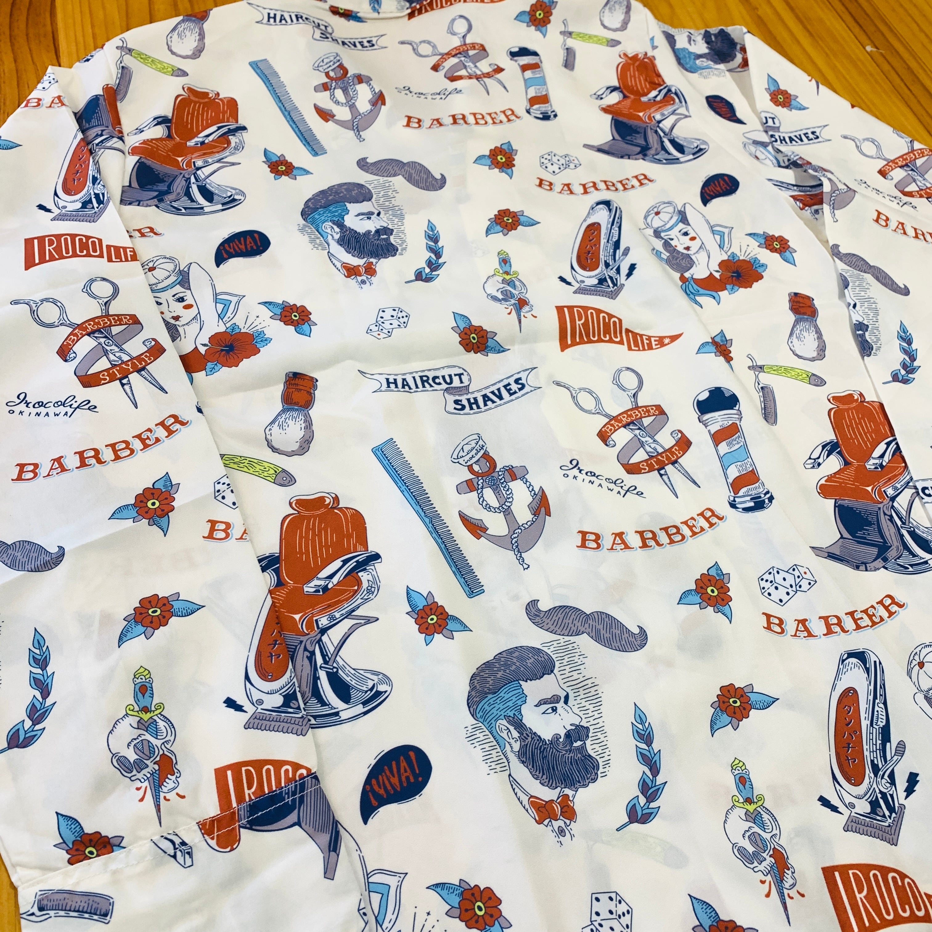 南国BARBER柄のロングアロハシャツ【White】 | 沖縄のセレクトショップ