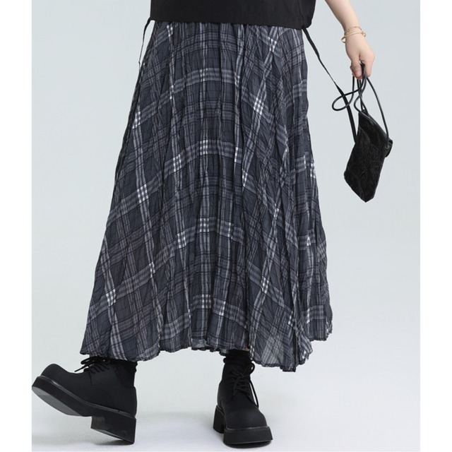pleated check long skirt　L0245
