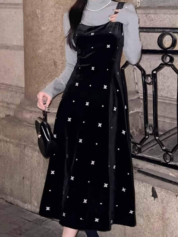 キラリと光る高見えデザイン ビジューアクセントベルベットワンピース エレガント 大人かわいい きれいめ 大きいサイズ 韓国 CH9576