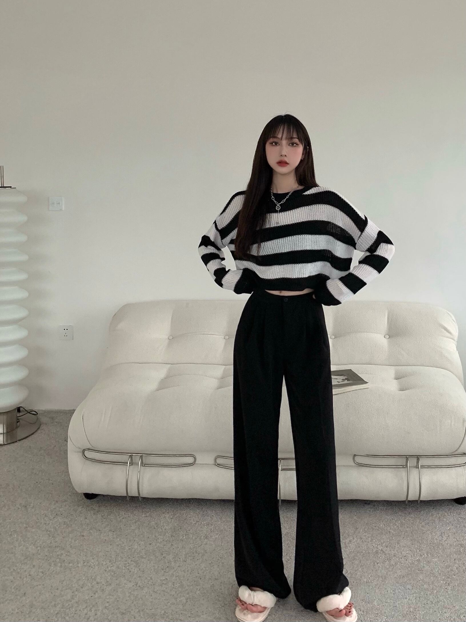 ブラックホワイトストライプセーター ショートルーズシャツ オータムトップス ロング 秋物 ブラックストロベリース57902965219