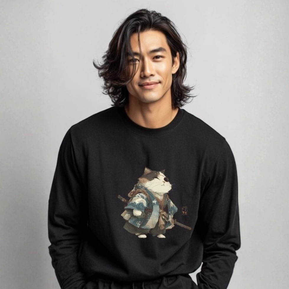 波斬り仁義の猫侍 長袖Tシャツ