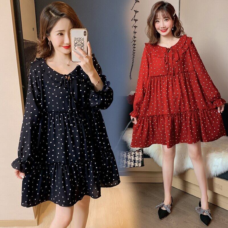 【新作】【送料無料】 702＃マタニティ服春秋シフォン長袖ルーズスタイリッシュドットドレス妊婦妊娠服 ロング スプリング 春物 オータム 秋物 AL expec362568558740