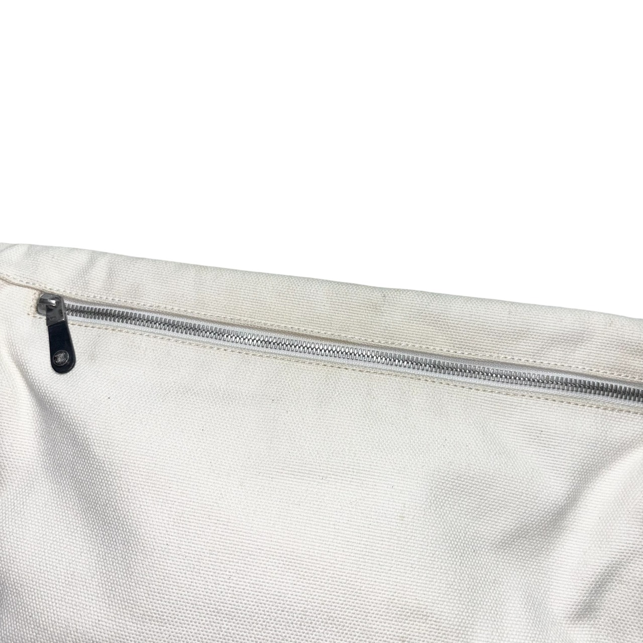 CELINE white canvas × black patent leather flap shoulder bag