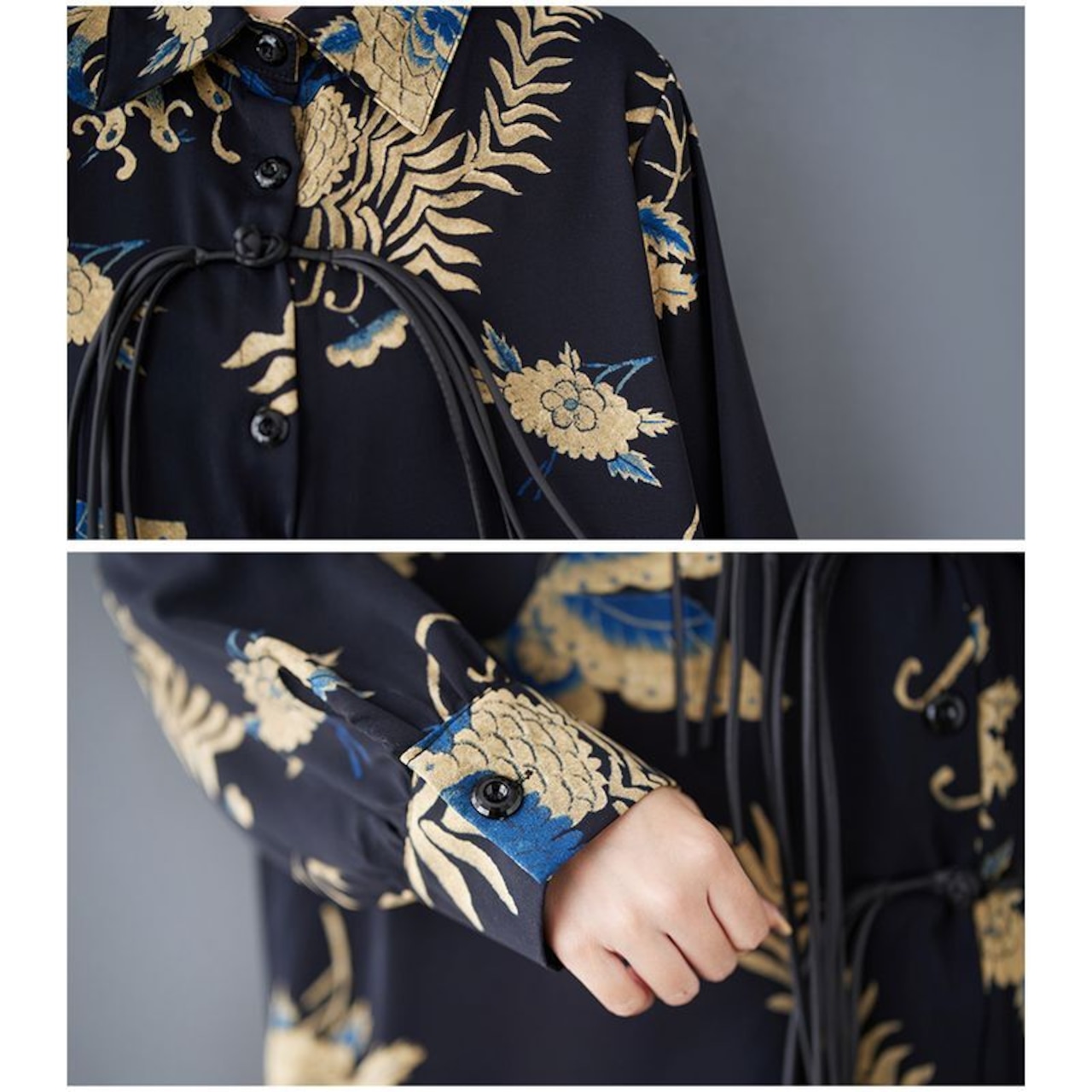 アシンメトリーヘム 紐装飾 ロングシャツ 00073