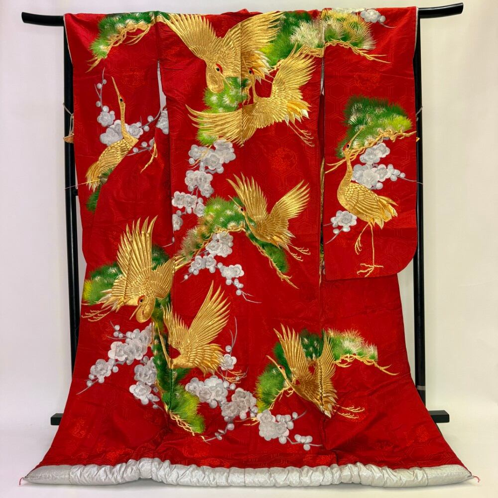 色打掛 正絹 鶴 刺繍 赤 打掛 花嫁衣裳 ポリエステル リサイクル 中古 ブライダル ウエディング 着物 6103