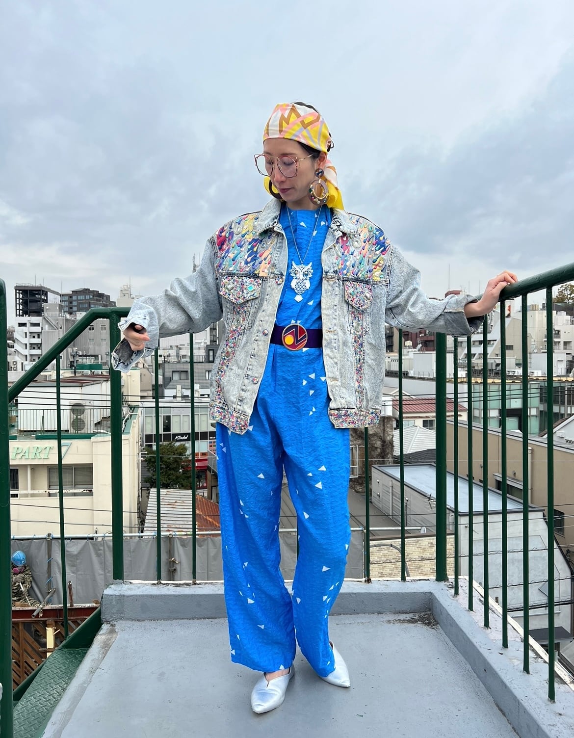 80s blue × white triangle poly jumpsuits ( ヴィンテージ ブルー