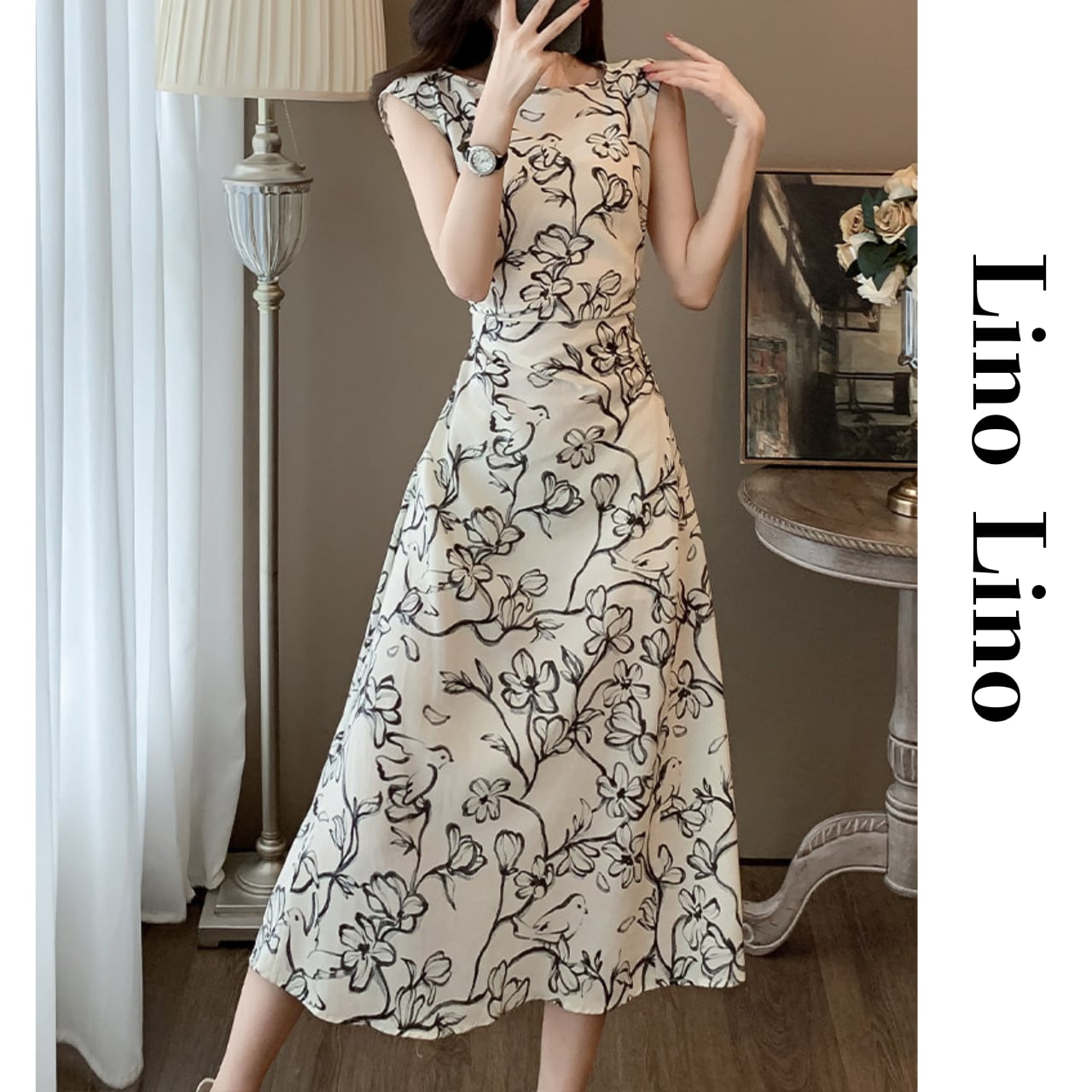 Flower Print Midi Sleeveless Dress L00860